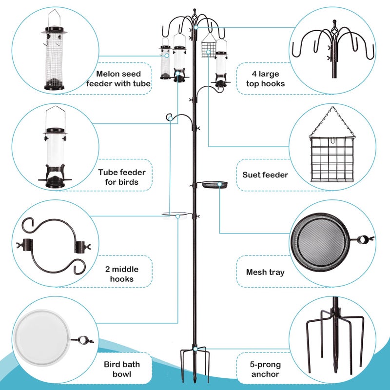 YINGYM 6-Hook Bird Feeding Station Kit, Wild Bird Feeder Stand Pole, Multi-Feeder Kit Stand with 4 Feeders, Bird Bath and Mesh Tray, 94 Inch - Image 3