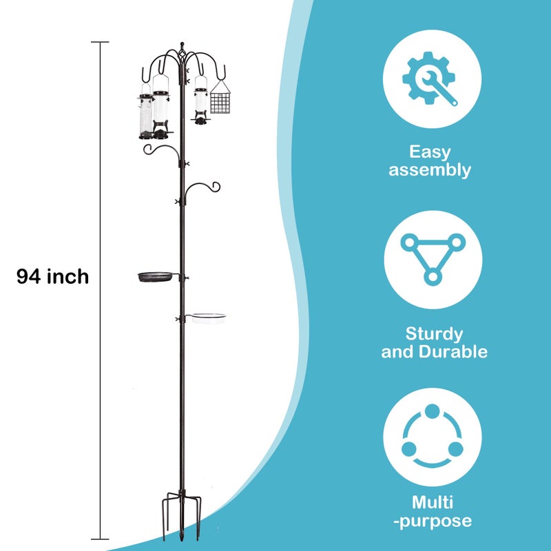 YINGYM 6-Hook Bird Feeding Station Kit, Wild Bird Feeder Stand Pole, Multi-Feeder Kit Stand with 4 Feeders, Bird Bath and Mesh Tray, 94 Inch - Image 2