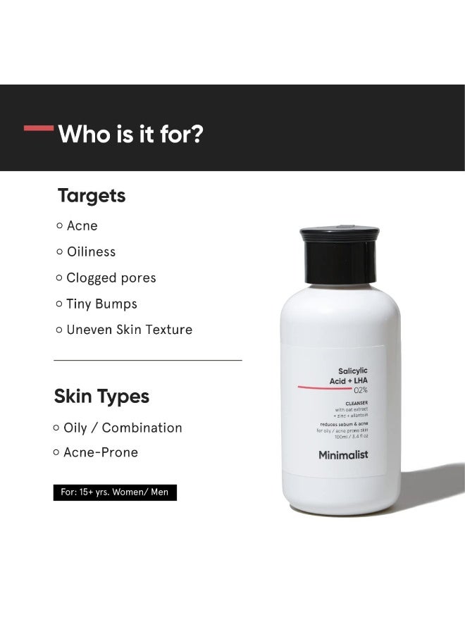 MINIMALIST غسول وجه مينيملستيك 2% حمض الساليسيليك للبشرة الدهنية والمعرضة لحب الشباب | غسول وجه مضاد لحب الشباب مع LHA والزنك | مقشر سائل BHA لطيف خالي من الكبريتات | للنساء والرجال | 3.4 أونصة سائلة / 100 مل - Image 2