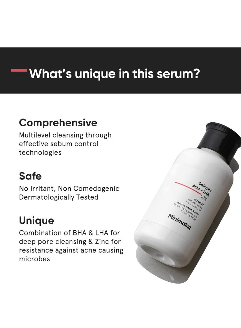 MINIMALIST Minimalist 2% Salicylic Acid Face Wash for Oily, Acne Prone Skin | Anti Acne Face Wash With LHA & Zinc | Sulphate free Gentle BHA Liquid Exfoliant | For Women & Men | 3.4 Fl Oz / 100 ml - Image 2