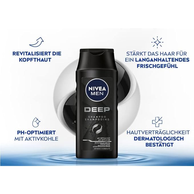 NIVEA MEN DEEP SHAMPOO AGAINST OILY HAIR WITH ACTIVATED CARBON - REVITALISING AND DEEP CLEANSING FOR LONG-LASTING FRESH FEELING - VEGAN (250 ML) - Image 2