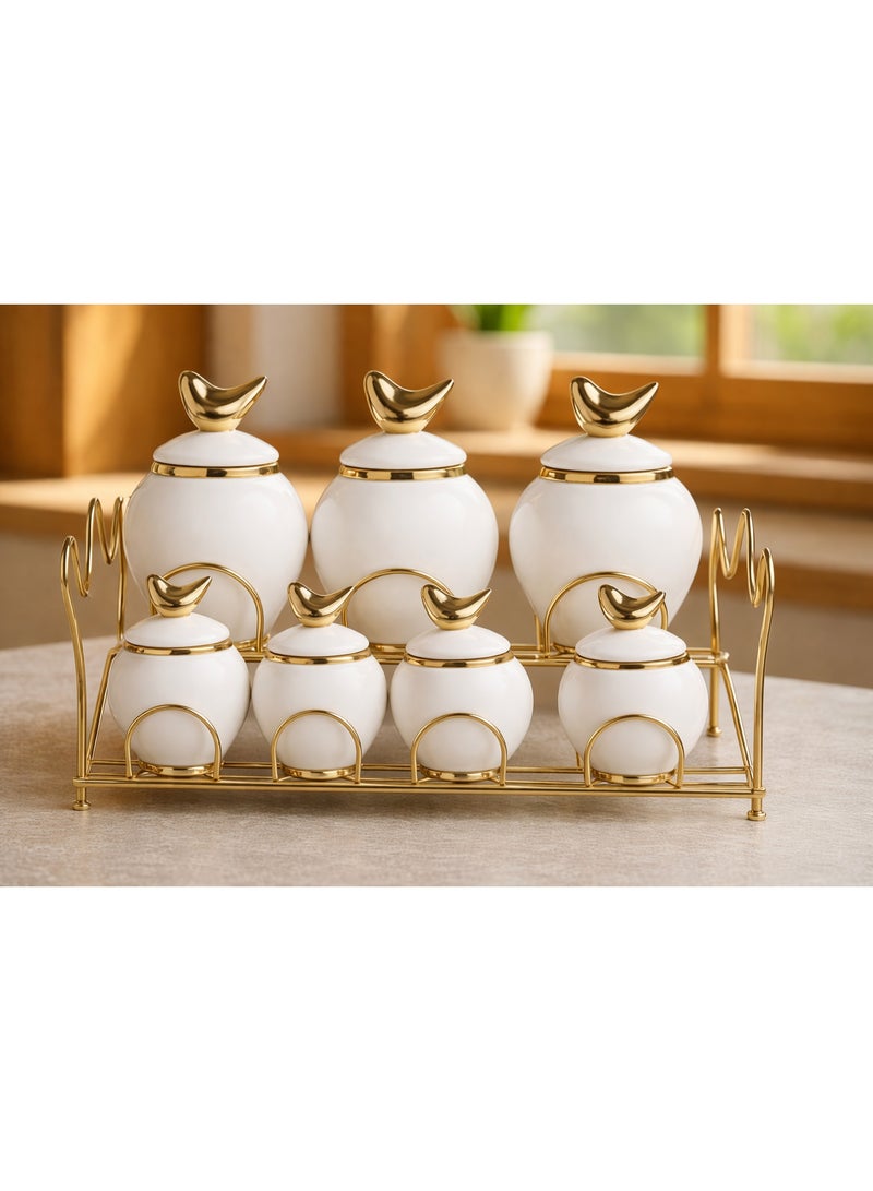 Lotus Ceramic Spice Jars Set with Metal Stand – 7 Pieces