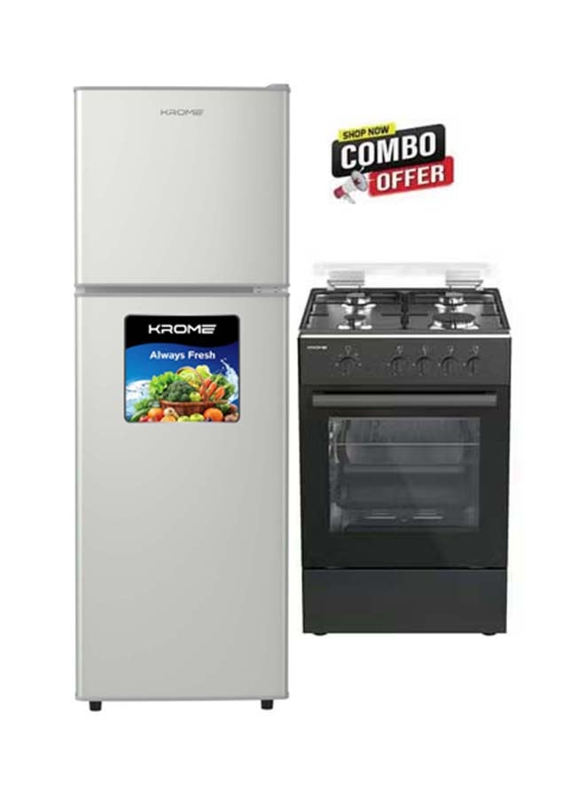 Krome حزمة كروما - ثلاجة مزدوجة الباب بتبريد مباشر سعة 180 لتر مع فريزر علوي + موقد غاز 50x50، أمان كامل مع 4 شعلات وفرن غاز KR-CR5050FS أسود - Image 1