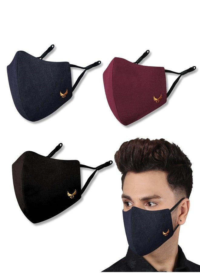 MASQ 4-Layer Anti-Pollution Reusable & Adjustable Cotton Cloth Face Mask for Men & Boys, Anti-Bacterial BFE>99%, Pack of 3, Multicolor, Black, Navy, Red - Image 1