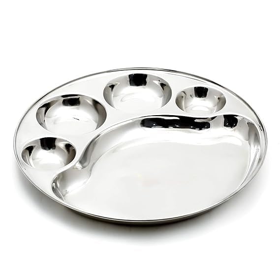 VOMI Stainless Steel Round Plate 4 Partition Divided LunchDinnerBhojanThali Plates 1 Unit Diameter 12 Inches - Image 1