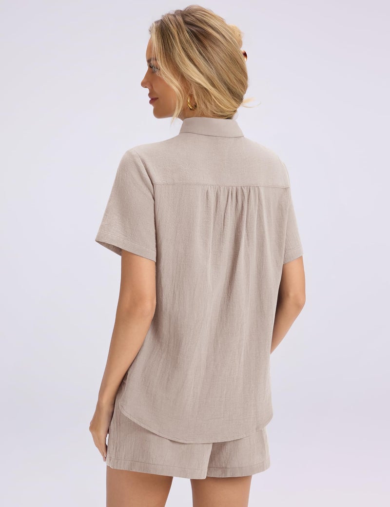 Rapbin Women 2 Piece Workout Linen Sets Two Piece Business Button Down Short Sleeve Shirts Sets Fashion Going Out Outfits Khaki M - Image 5