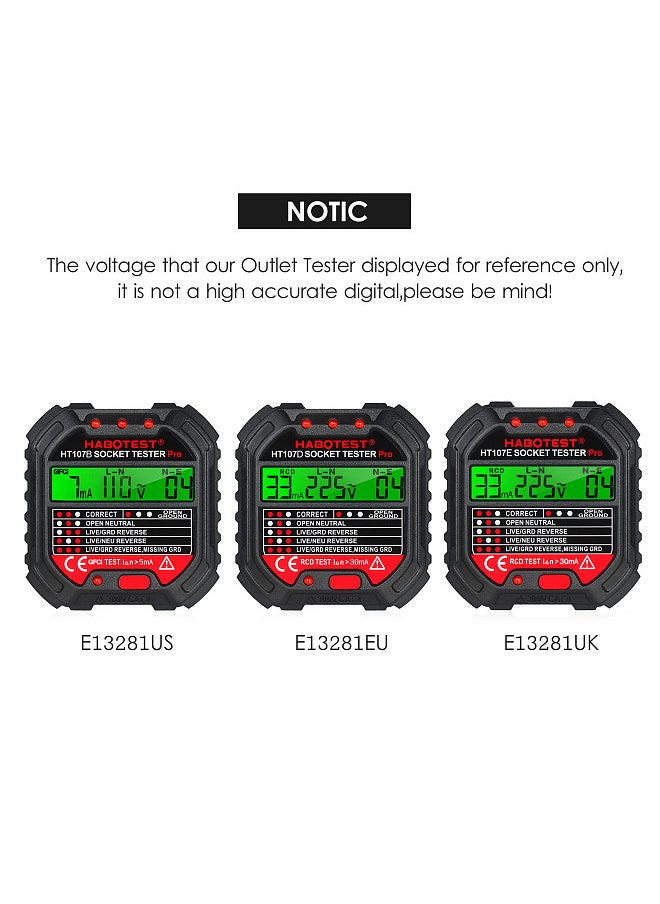 GFCI Outlet Tester with Voltage Display 90-250V Socket Tester Automatic Electric Circuit Polarity Voltage Detector Breaker Finder HT107E
