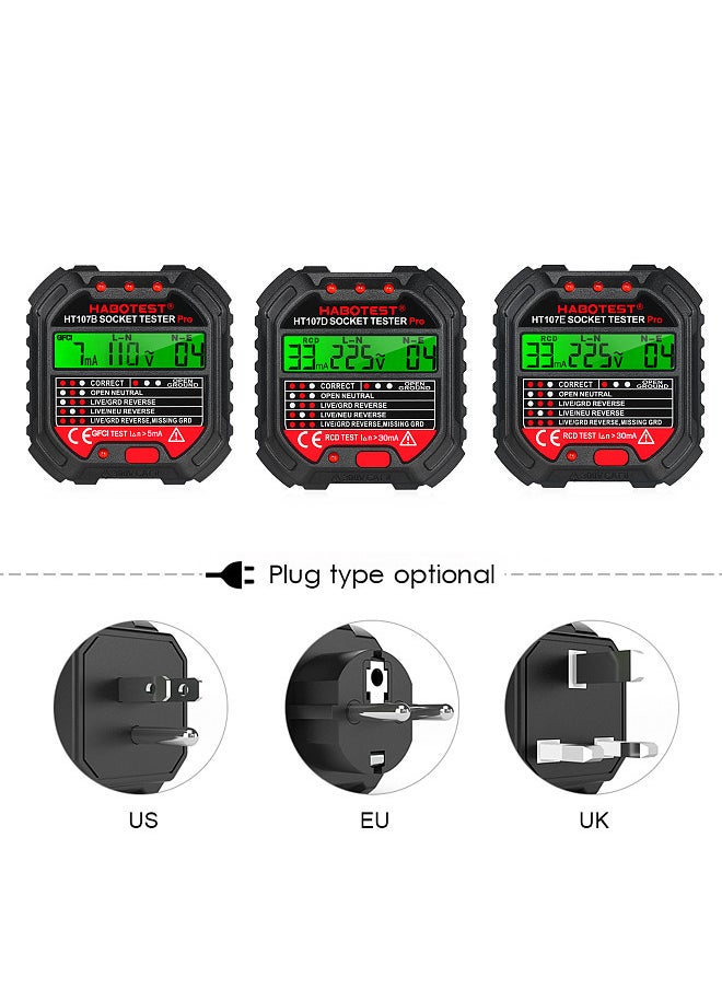 GFCI Outlet Tester with Voltage Display 90-250V Socket Tester Automatic Electric Circuit Polarity Voltage Detector Breaker Finder HT107E
