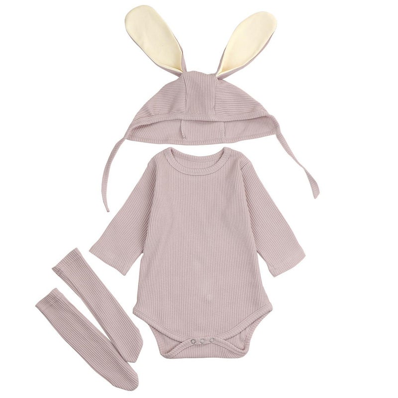 AGQT Baby Girls Easter Bunny Outfit Set Baby Boys Bunny Ear Costume Rabbit Ear 3PCS Long Sleeve Romper Baby Boys Halloween Costume Khaki Size 6-12 Months - Image 4