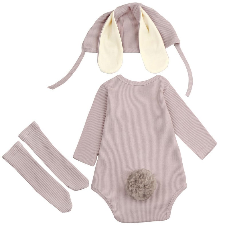 AGQT Baby Girls Easter Bunny Outfit Set Baby Boys Bunny Ear Costume Rabbit Ear 3PCS Long Sleeve Romper Baby Boys Halloween Costume Khaki Size 6-12 Months - Image 5