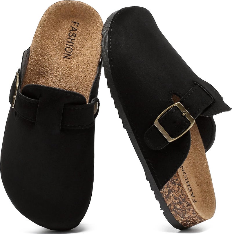 XTJSCBDSH Kids Suede Clogs with Cork Footbed, Toddler Boys Girls Sandals, Adjustable Buckle Slip-On Slippers, Arch Support Mules for Indoor Outdoor Black - Image 1