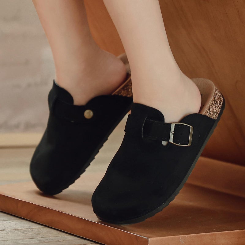 XTJSCBDSH Kids Suede Clogs with Cork Footbed, Toddler Boys Girls Sandals, Adjustable Buckle Slip-On Slippers, Arch Support Mules for Indoor Outdoor Black - Image 3