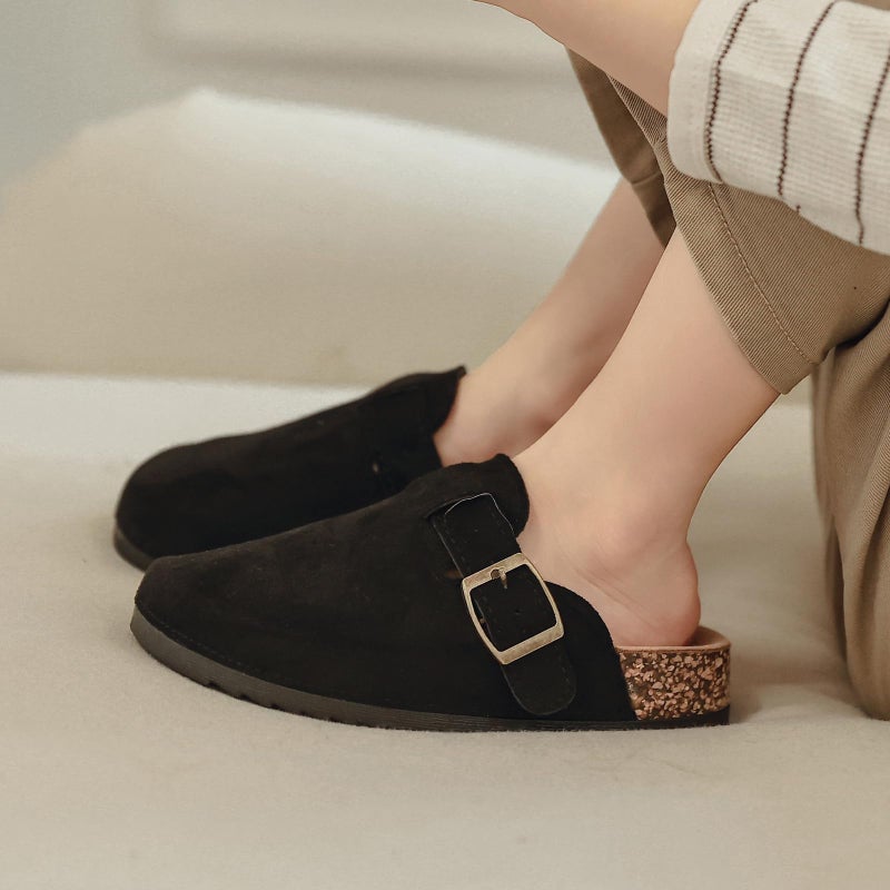 XTJSCBDSH Kids Suede Clogs with Cork Footbed, Toddler Boys Girls Sandals, Adjustable Buckle Slip-On Slippers, Arch Support Mules for Indoor Outdoor Black - Image 2