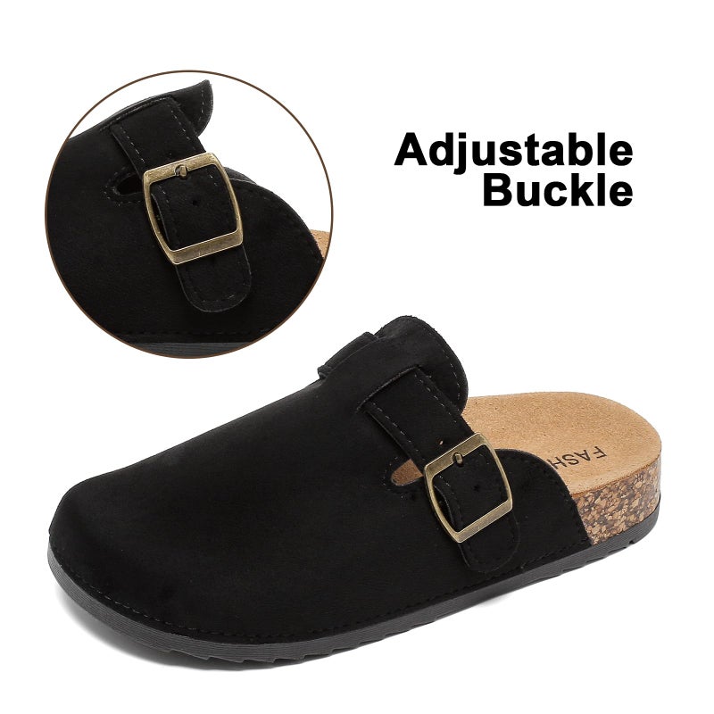 XTJSCBDSH Kids Suede Clogs with Cork Footbed, Toddler Boys Girls Sandals, Adjustable Buckle Slip-On Slippers, Arch Support Mules for Indoor Outdoor Black - Image 5