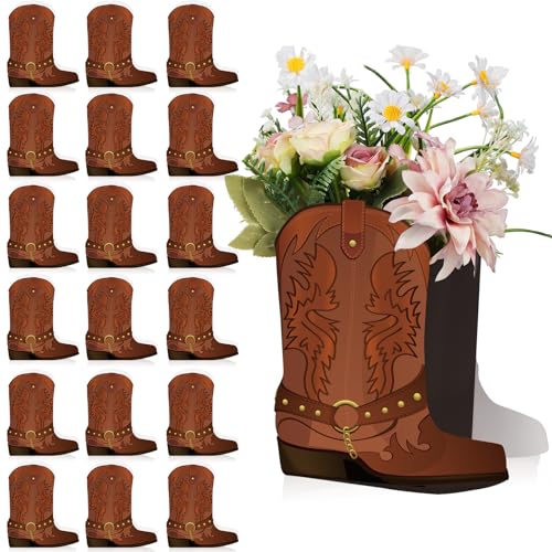 Weekgrat 24 Set Brown Western Cowboy Boots Flower Boxes Centerpiece Boot Shape Boxes Decorations Western Theme Party Cowgirl Favors for Cowboy Cowgirl Birthday Party Baby Shower Wedding Supplies - Image 1