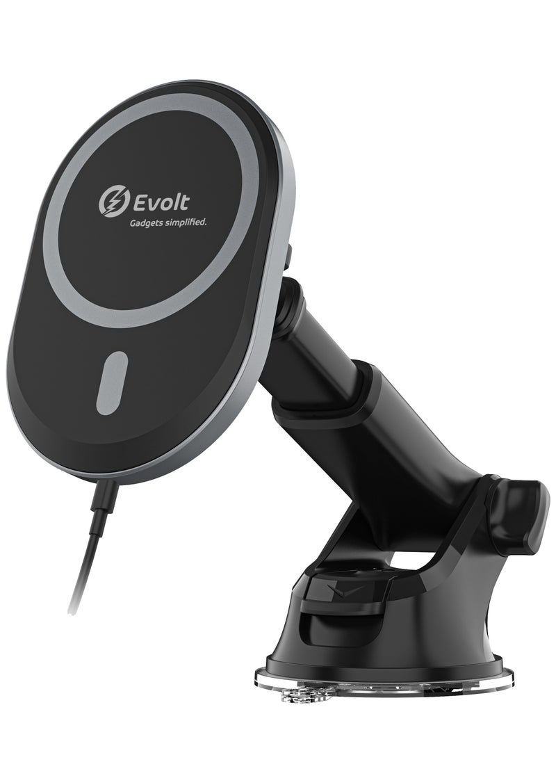 Evolt MCH-200 Magnetic Wireless Charging Car Holder Compatible With iPhone 14/13 12 Series, Windshield & Dashboard Compatible With 1 Type-C To C Cable  - Image 1