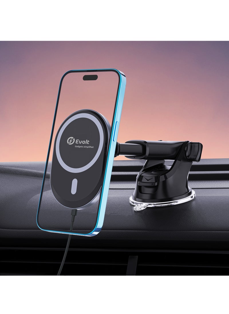 Evolt MCH-200 Magnetic Wireless Charging Car Holder Compatible With iPhone 14/13 12 Series, Windshield & Dashboard Compatible With 1 Type-C To C Cable  - Image 2