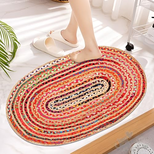 Goroly Home Jute Cotton Multi Chindi Braided Rug 2x3 Feet -Multi Color, Farmhouse Rustic Natual Look Jute Burlap Reversible Rag Rug for Living Room, Entryway, Kitchen, Bedside - 24x36 inches - Image 1