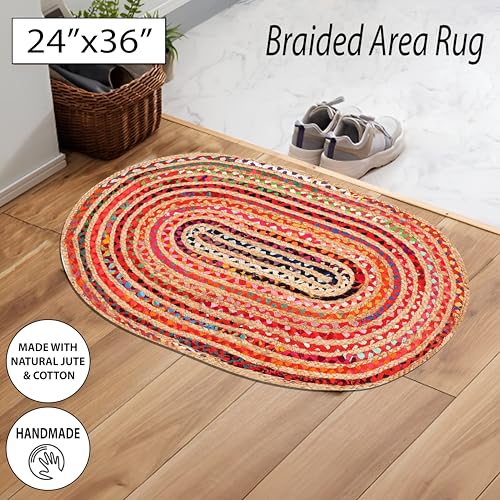 Goroly Home Jute Cotton Multi Chindi Braided Rug 2x3 Feet -Multi Color, Farmhouse Rustic Natual Look Jute Burlap Reversible Rag Rug for Living Room, Entryway, Kitchen, Bedside - 24x36 inches - Image 3