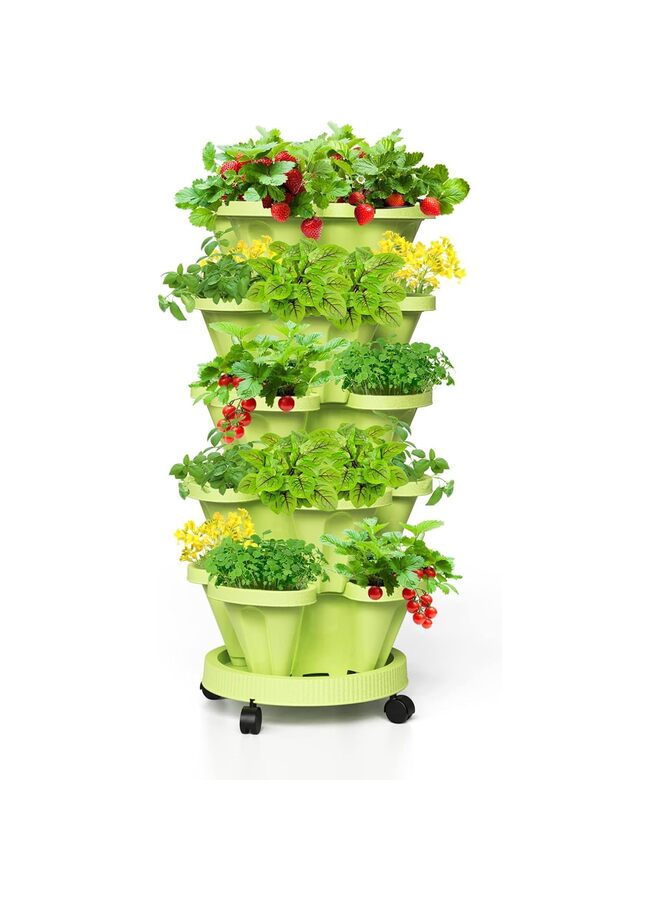 Strawberry Vertical Planters, 5 Tiered Stacking Tower Garden, Stackable Herb Vegetable Planters with Movable Casters and Bottom Saucer Indoor and Outdoor (Color : Green) - Image 1