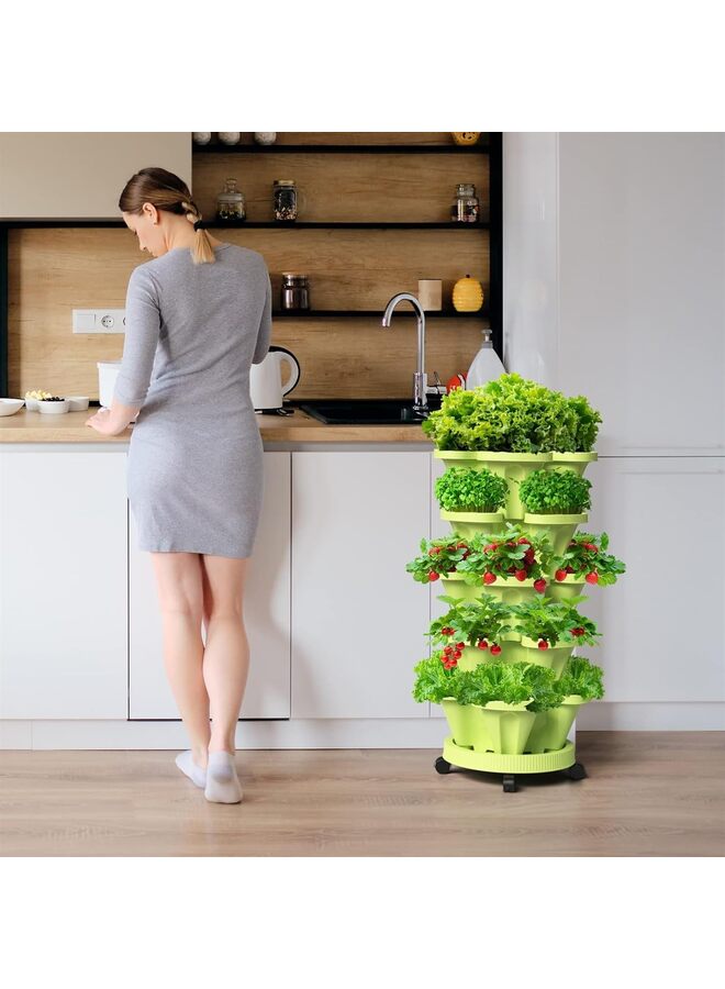 Strawberry Vertical Planters, 5 Tiered Stacking Tower Garden, Stackable Herb Vegetable Planters with Movable Casters and Bottom Saucer Indoor and Outdoor (Color : Green) - Image 4