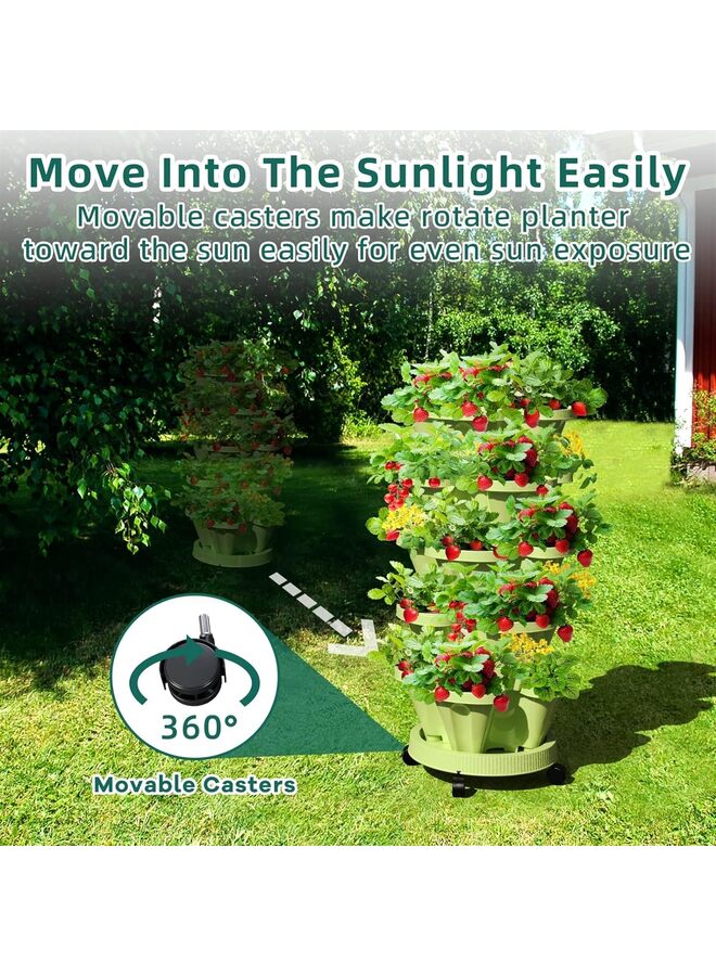Strawberry Vertical Planters, 5 Tiered Stacking Tower Garden, Stackable Herb Vegetable Planters with Movable Casters and Bottom Saucer Indoor and Outdoor (Color : Green) - Image 3