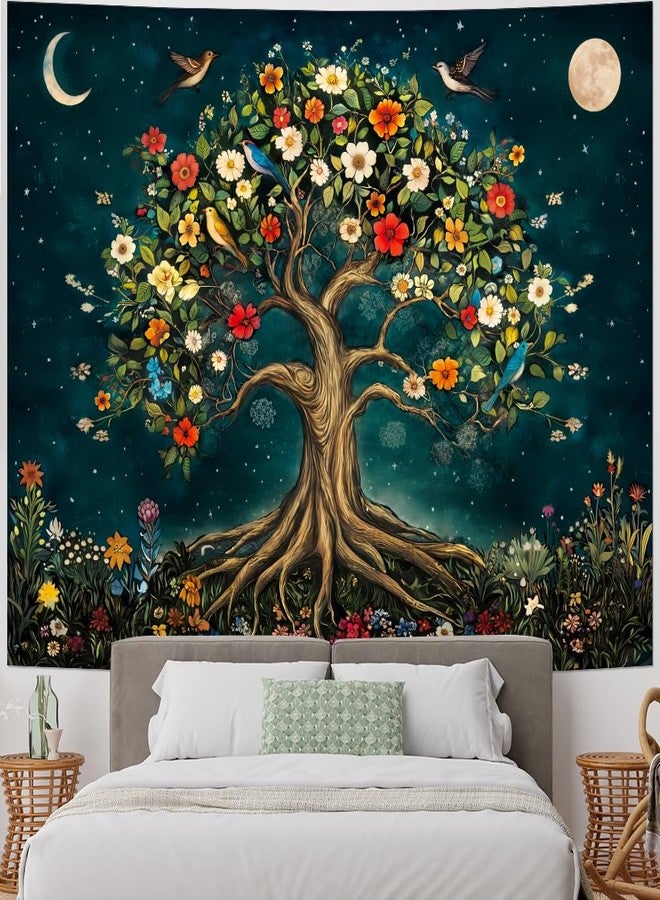 Amtoodopin Tree of Life Tapestry Mystic Boho Flowers Tapestry Vintage Aesthetic Tree Wall Tapestries Retro Nature Floral Plants Tapestries Wall Hanging for Bedroom - Image 2