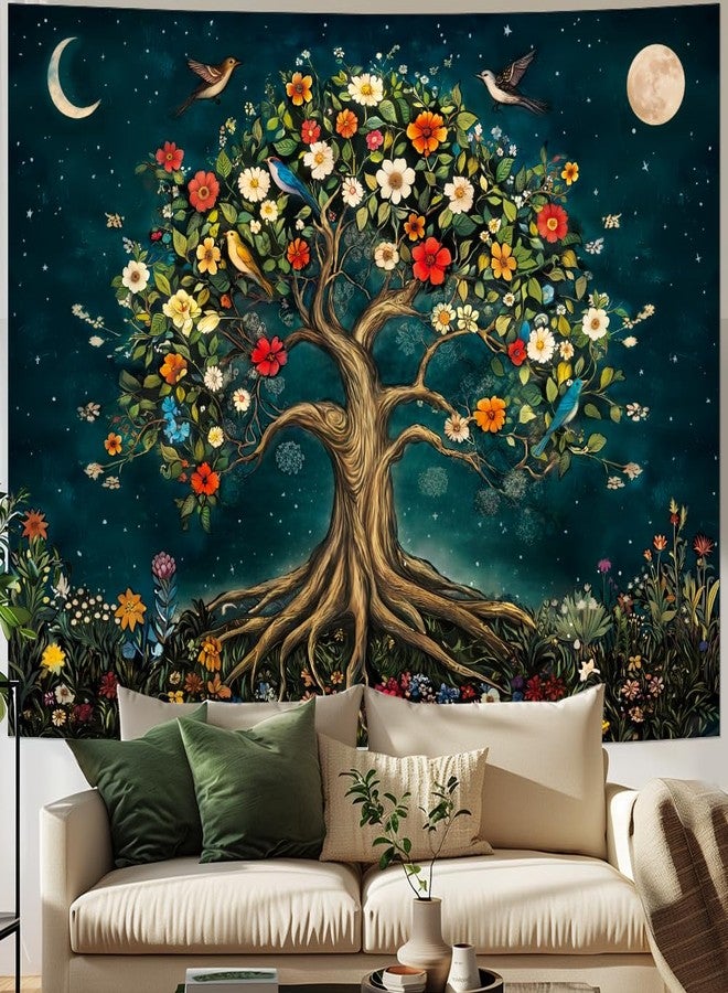 Amtoodopin Tree of Life Tapestry Mystic Boho Flowers Tapestry Vintage Aesthetic Tree Wall Tapestries Retro Nature Floral Plants Tapestries Wall Hanging for Bedroom - Image 1