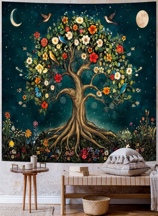Amtoodopin Tree of Life Tapestry Mystic Boho Flowers Tapestry Vintage Aesthetic Tree Wall Tapestries Retro Nature Floral Plants Tapestries Wall Hanging for Bedroom - Image 3