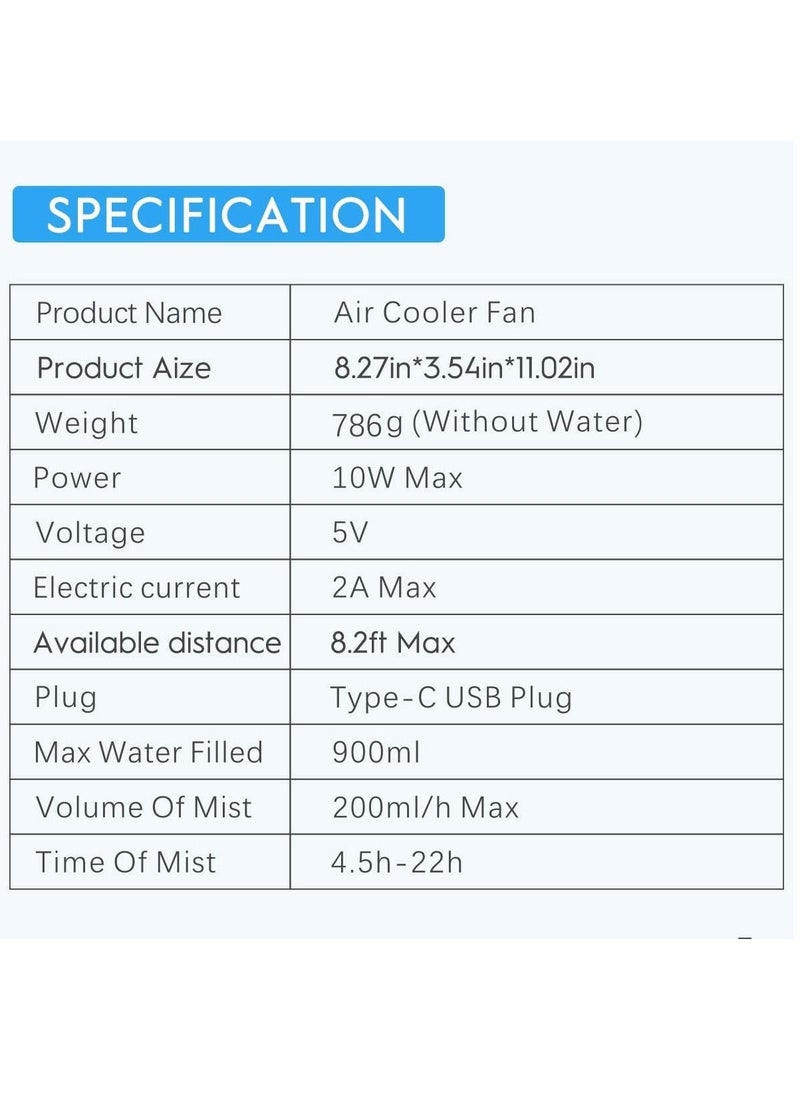 Portable Air Cooler with 7 LEDs Night Lights and Mist with 3 Speeds and Timer