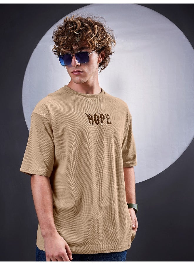 Maniac Maniac Men Hope Embroidery Round Neck 3/4th Sleeve Biscuit Cotton T-Shirt  - Image 4