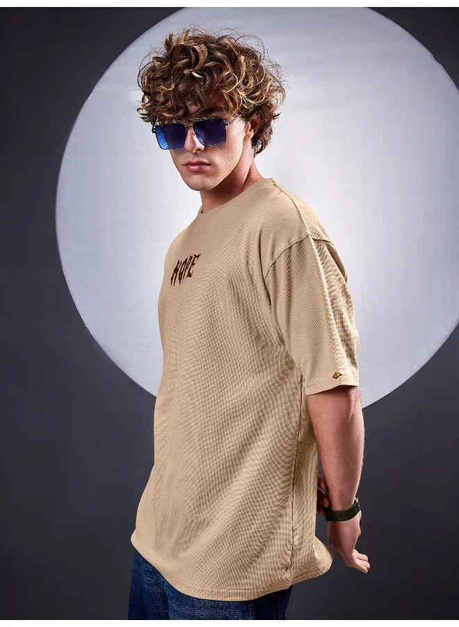 Maniac Maniac Men Hope Embroidery Round Neck 3/4th Sleeve Biscuit Cotton T-Shirt