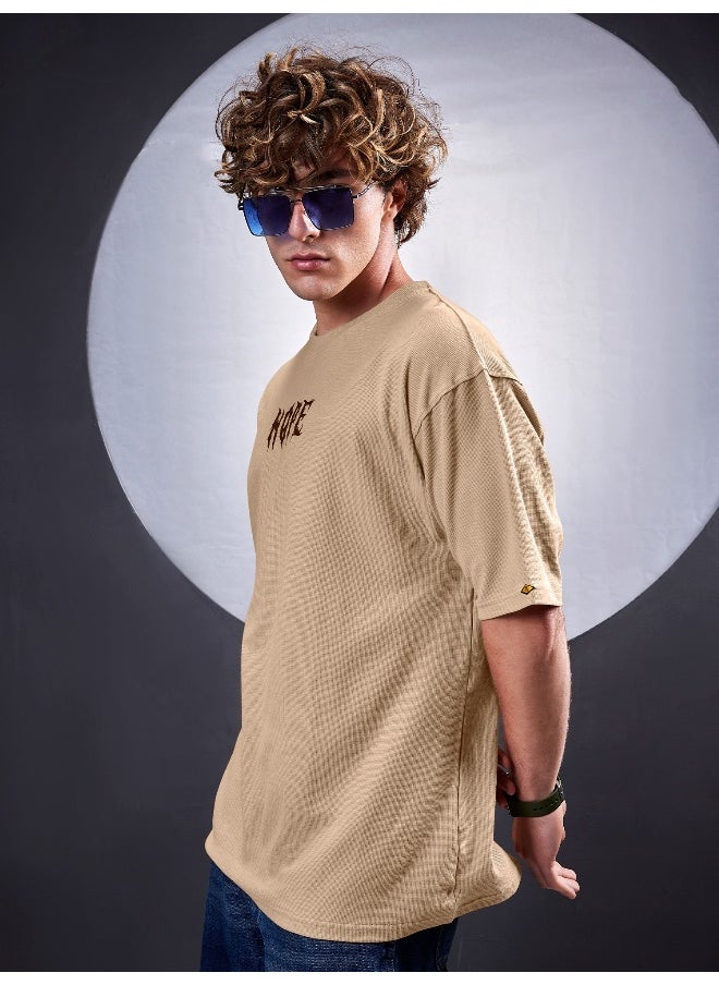 Maniac Maniac Men Hope Embroidery Round Neck 3/4th Sleeve Biscuit Cotton T-Shirt  - Image 3