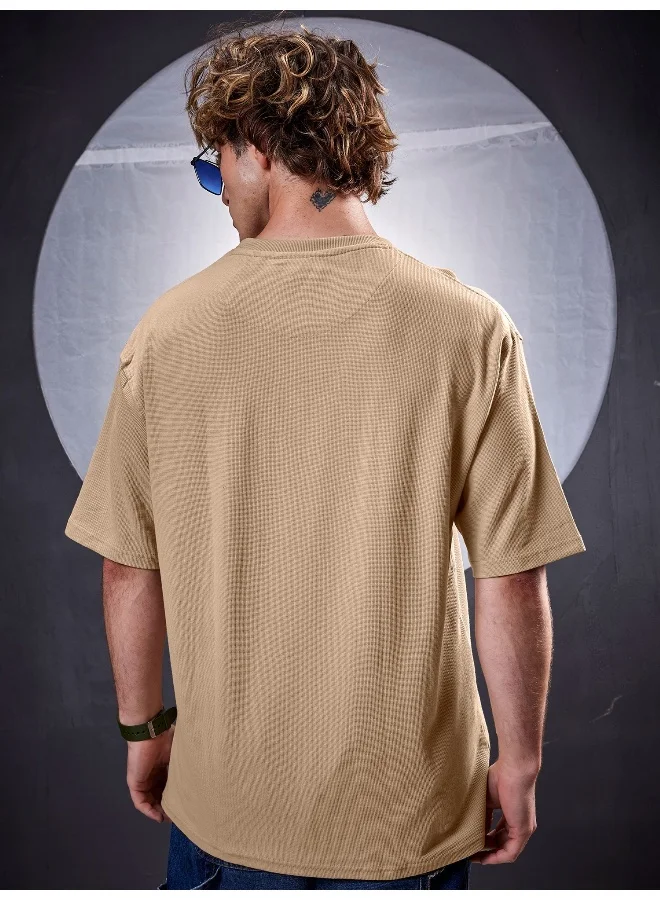 Maniac Maniac Men Hope Embroidery Round Neck 3/4th Sleeve Biscuit Cotton T-Shirt