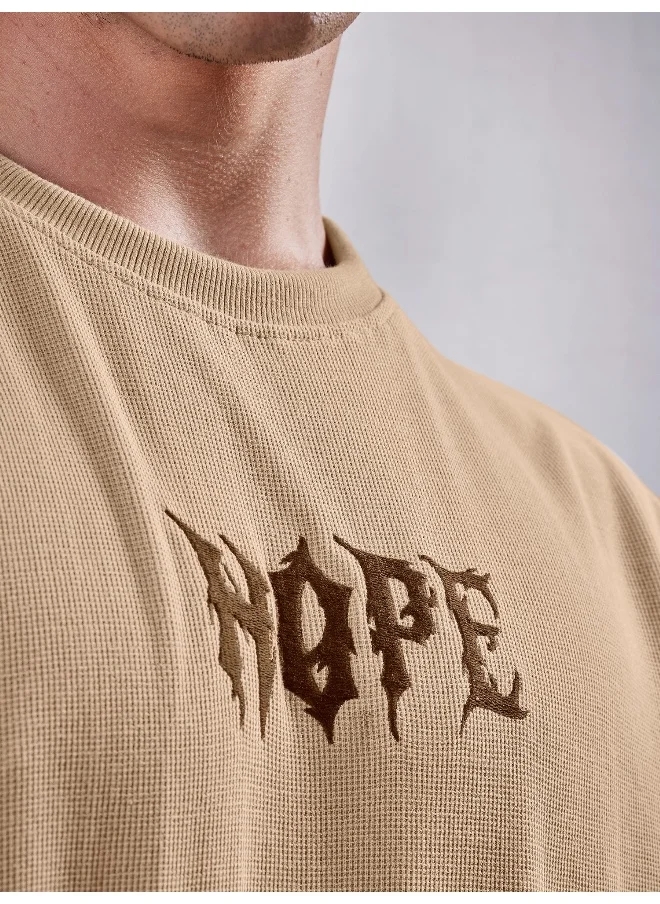 مانياك Maniac Men Hope Embroidery Round Neck 3/4th Sleeve Biscuit Cotton T-Shirt