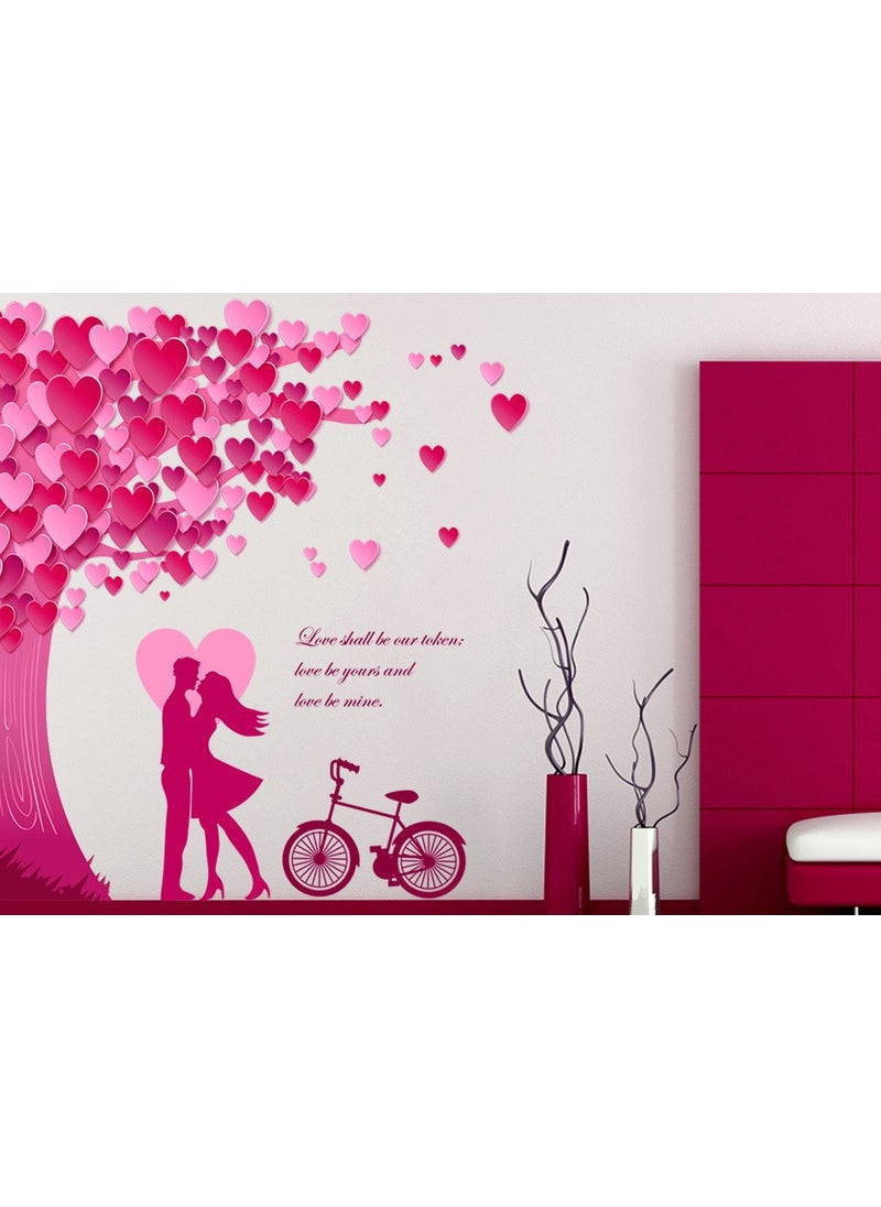 Decals Design Decals Design 'Romantic Couple Under The Heart Leaves Tree and Love Quote with Bicycle' Wall Sticker (PVC Vinyl, 90 cm x 60 cm, Multicolour)  - Image 1