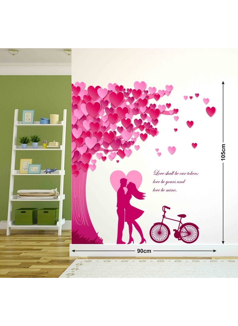 Decals Design Decals Design 'Romantic Couple Under The Heart Leaves Tree and Love Quote with Bicycle' Wall Sticker (PVC Vinyl, 90 cm x 60 cm, Multicolour)  - Image 2