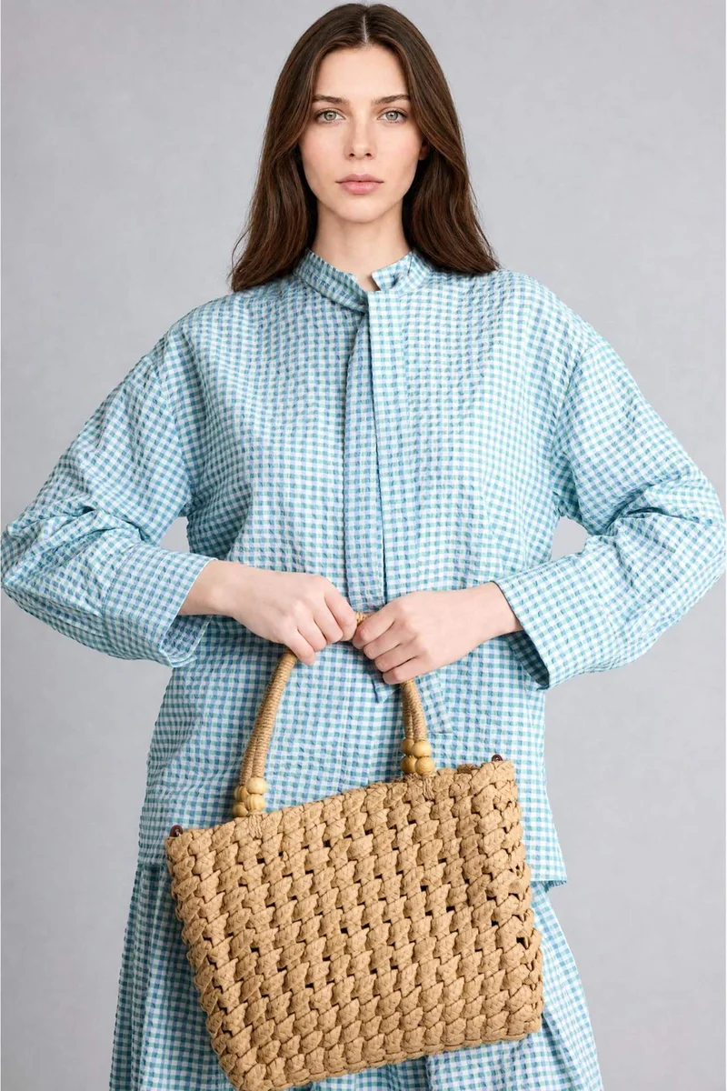 ديفاكتو Regular Fit Crinkle Fabric Plaid Long Sleeve Tunic