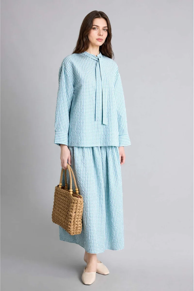 ديفاكتو Regular Fit Crinkle Fabric Plaid Long Sleeve Tunic