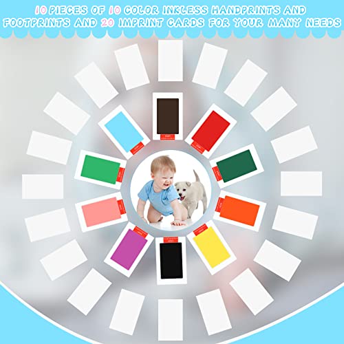 Jexine 30 Pcs Baby Inkless Handprint and Footprint Kit Pet Paw Print Stamp Kit Includes 10 Colors Safe Clean Touch Ink Pad and 20 Card for Newborn Registry Pets Family Printing - Image 3