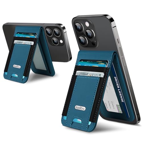 ExtreLife For Magsafe Wallet Stand Strongest Magnetic Phone Wallet Leather Magnetic Card Holder Wallet for iPhone 171615141312 Series ID Window 4 Card Slots Hold 10 Cards RFID Blocking Blue - Image 1