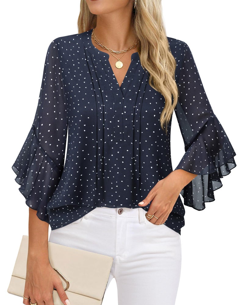 Timeson Womens Dressy Tops: Business Casual - 3/4 Sleeve Blouses - Work Shirts for Woman Fall Professional Attire Ladies Office Wear Tops Chiffon Interview Formal Clothes Cute Slim Fit Flowy Blue L - Image 2