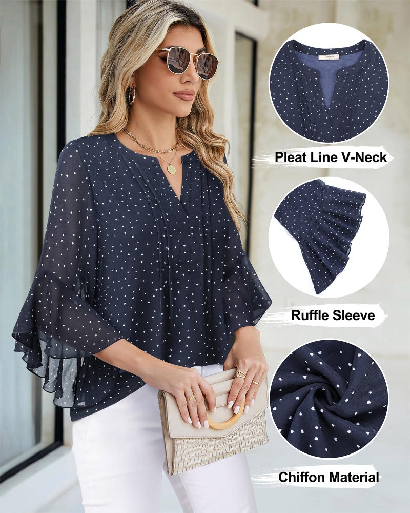 Timeson Womens Dressy Tops: Business Casual - 3/4 Sleeve Blouses - Work Shirts for Woman Fall Professional Attire Ladies Office Wear Tops Chiffon Interview Formal Clothes Cute Slim Fit Flowy Blue L - Image 4