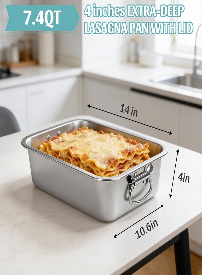 VAlinks Lasagna Pan with Transparent Lid and Handles 4 Inch Extra Deep 7.4 QT Large Stainless Steel Nonstick Deep Baking Pan for Lasagna Casserole Dishes Brownie Sourdough Bread （14x10.6x4 Inch) - Image 3