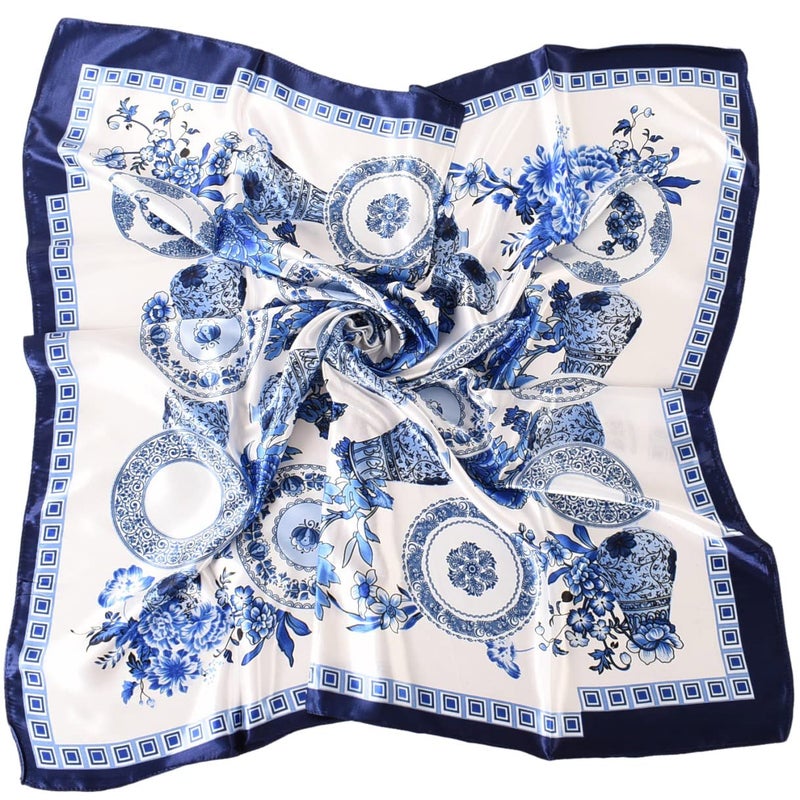 EIysee 35 x 35 Women's Fashion Pattern Large Square Silk Like Hair Scarf Head Sleeping Wrap Satin Neck Bandana for Gift (Blue and white porcelain-navy blue) - Image 1