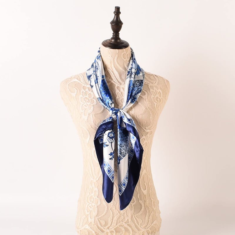 EIysee 35 x 35 Women's Fashion Pattern Large Square Silk Like Hair Scarf Head Sleeping Wrap Satin Neck Bandana for Gift (Blue and white porcelain-navy blue) - Image 4
