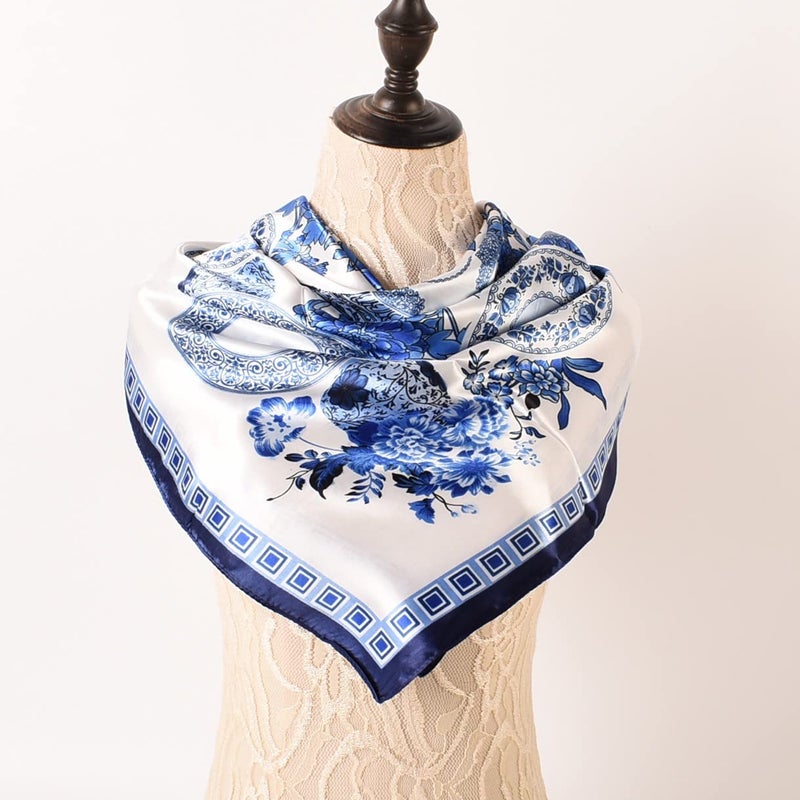 EIysee 35 x 35 Women's Fashion Pattern Large Square Silk Like Hair Scarf Head Sleeping Wrap Satin Neck Bandana for Gift (Blue and white porcelain-navy blue) - Image 3
