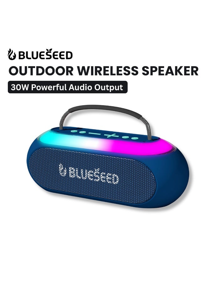 BLUESEED BS-611 Outdoor Wireless Speaker, Bluetooth Speaker with Wireless Microphone,30W USB/TF Card Support, 50Hz-20KHz Frequency, 10m Range, DC5V, RGB LED Lights, Blue - Image 1