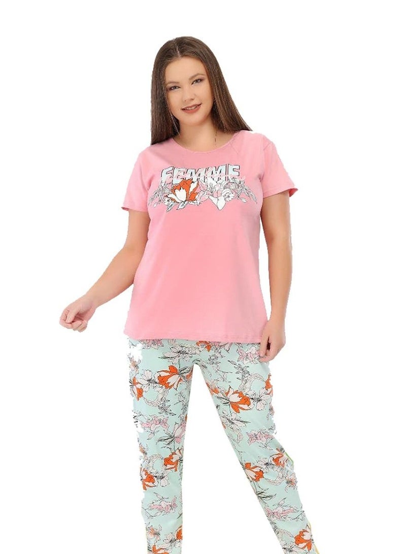 Ganna Women's short-sleeved pyjamas and summer long pants made of cotton large sizes 