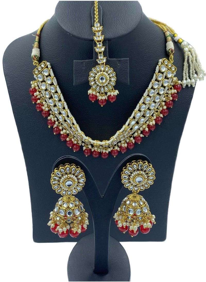 GOHONA - GOHONA Royal Bling Bollywood Traditional Indian Kundan sokar Jewellery Necklace With Earrings Set and 1 Tikka in RED colour - Image 1